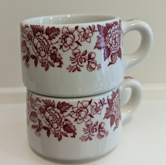 Set of Floral Burgandy and White Ceramic Mugs - Picture 7 of 7